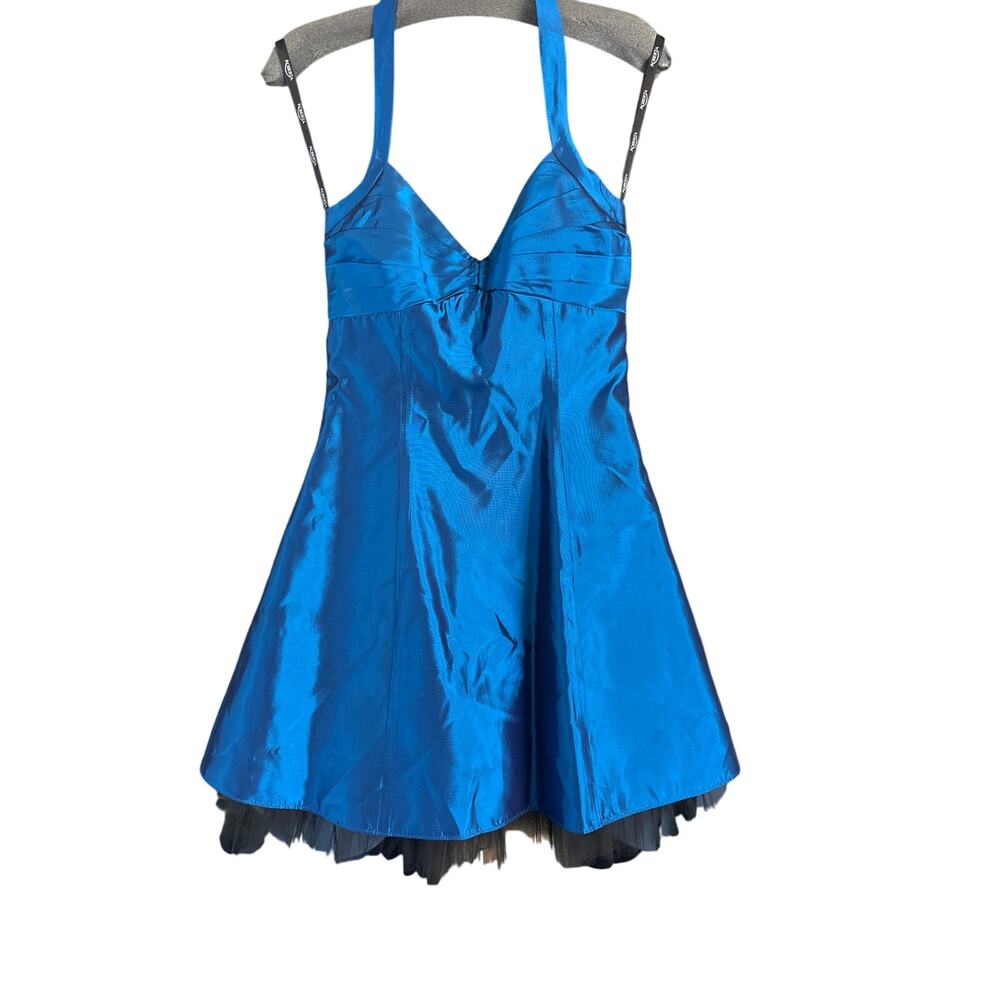 Vintage Roberta Blue Halter Party Dress w/ Black Tulle – Size 9/10
